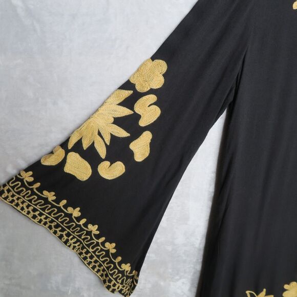 WAYAN NATURAL WEAR Black Tunic Dress Size S Floral Embroidered Bell Sleeves - Picture 8 of 11
